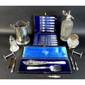 A collection of silver plated wares, including an Edwardian silver handled boothook, 20cm long, thre... 