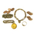 A group of 9ct gold jewellery, comprising a gate-link charm bracelet, a ring set with coral and pear... 