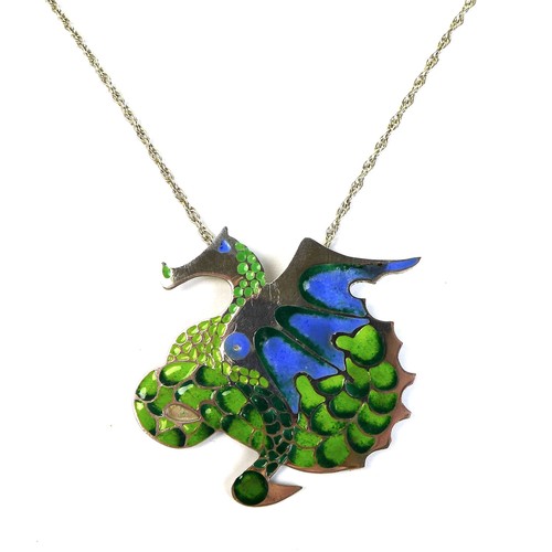 276 - A silver and enamel necklace in the form of a dragon, enamelled in blues and greens, on sterling sil... 