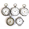 Four silver cased pocket watches, together with a silver watch head converted from a pocket watch. (... 