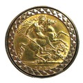 A George V gold half sovereign, 1914, set in a 9ct gold ring mount, ring size M/N, total weight 10g.