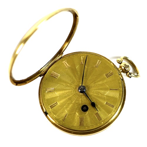 259 - A William IV 18ct gold cased open faced verge fusee pocket watch, key wind, the gold sunburst engrav... 