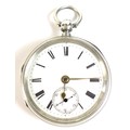 A Victorian silver open faced pocket watch, the white enamel face with Roman numerals, subsidiary se... 