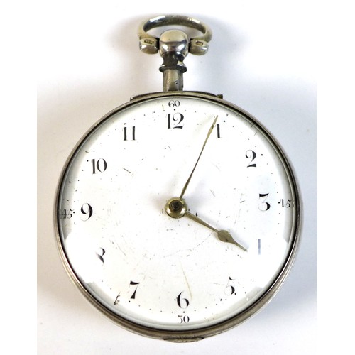 254 - A George III silver pair cased pocket watch, with white enamel face, Arabic numerals and gilded hand... 