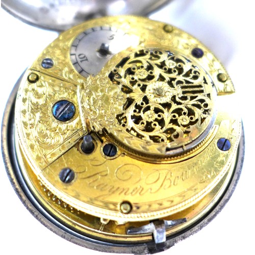 254 - A George III silver pair cased pocket watch, with white enamel face, Arabic numerals and gilded hand... 