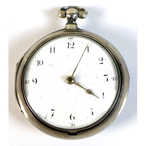 254 - A George III silver pair cased pocket watch, with white enamel face, Arabic numerals and gilded hand... 