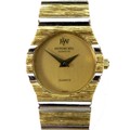 A vintage Raymond Weil 18K gold plated lady's wristwatch, the circular brushed gold dial with black ... 