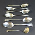 Six George III silver spoons, comprising five George III old English pattern dessert spoons, with 'T... 