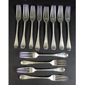 Twelve George III and later old English pattern silver dessert forks, five George III Hanoverian pat... 