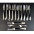 Thirteen various George III and later old English pattern silver table forks, four George III forks ... 