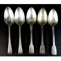 Five George IV and later silver table spoons, comprising a set of three old English fiddle pattern t... 