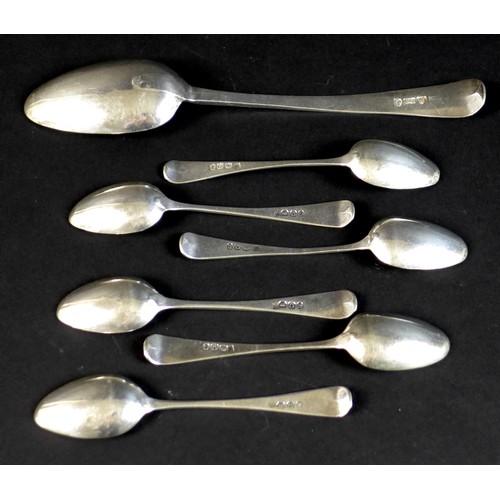 51 - Seven pieces of George III Hanoverian pattern  silver flatware, comprising a table spoon, 22cm long,... 