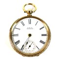 A Waltham 10ct gold open faced pocket watch, circa 1889, key wind, the white enamel dial with black ... 
