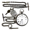 A silver cased Waltham pocket watch, together with two Albert chains, one with key and pendant medal... 