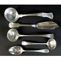 Five pieces of Victorian silver flatware, comprising three sauce ladles, one old English pattern, Ma... 