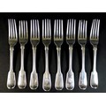 Eight George III and later silver fiddle back pattern dessert forks, comprising a pair of George III... 