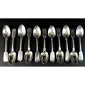 A collection of twelve Victorian fiddle pattern spoons, all with finials engraved with initial 'B', ... 