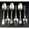 Six Victorian silver fiddle pattern dessert spoons, all with finials engraved with the initial 'B',,... 