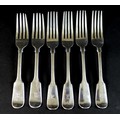 Six Victorian silver fiddle pattern table forks, all finials engraved with a bull atop a parapet mot... 