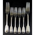 Six George IV and later silver fiddle pattern forks, comprising three George IV dessert forks, with ... 