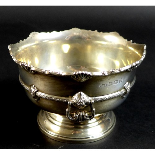 88 - A small silver rose bowl of pedestal form with scalloped rim and lyre handles, William Henry May, Bi... 