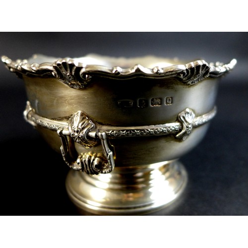 88 - A small silver rose bowl of pedestal form with scalloped rim and lyre handles, William Henry May, Bi... 