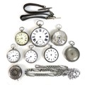 A group of silver cased pocket watches, including a late 19th century example with silvered sunburst... 