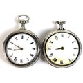 Two pair cased, verge escapement pocket watches, each with enamel dials, and Roman numerals, and bul... 