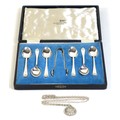 A set of six George VI silver teaspoons and matching sugar tongs, Walker and Hall, Sheffield 1944, i... 