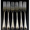 A matched set of six William IV silver dessert forks, Old English pattern, terminals engraved 'H', t... 