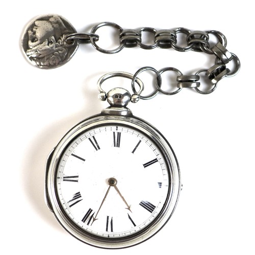 256 - A William IV silver pair cased key wind pocket watch, the white enamel dial with black Roman numeral... 