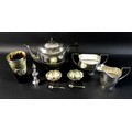 A group of silver plated items, comprising a 19th century horn beaker with shield shaped cartouche a... 