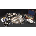 A collection of silver plated wares, including a three piece 'Plante' tea set all engraved with 'GGH... 