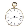 A Continental 18K gold cased small pocket watch, open faced, key wind, white enamel dial with black ... 