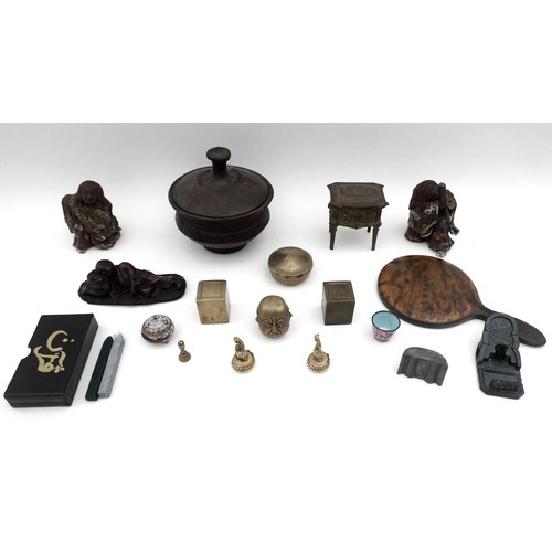 21 - A group of Oriental pottery, bronze and collectables, including an earthenware pot and cover glazed ... 
