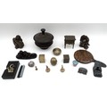 A group of Oriental pottery, bronze and collectables, including an earthenware pot and cover glazed ... 
