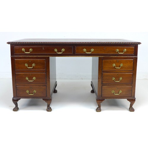 312 - A mid 20th century mahogany twin pedestal desk, in Georgian Chippendale style, with eight drawers, 1... 