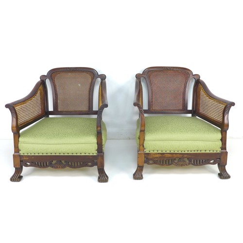 289 - An Edwardian mahogany bergere three piece suite, comprising a three seater settee, 165 by 85 by 84cm... 