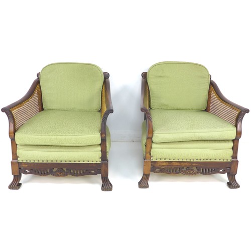 289 - An Edwardian mahogany bergere three piece suite, comprising a three seater settee, 165 by 85 by 84cm... 