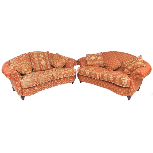 293 - A pair of modern two seater sofas, with red and cream upholstery, each 186 by 100 by 92cm high. (2)