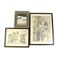 Three continental country scene and wildlife etchings, Falk Bang, 'Two owls' etching, 38.5 by 28.5cm... 