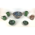 A group of seven European and Eastern style ceramics, including a large twin handled bowl with peach... 