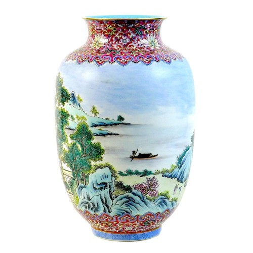 22 - A Chinese famille rose porcelain vase, mid 20th century, decorated with a continuous scene of buildi... 