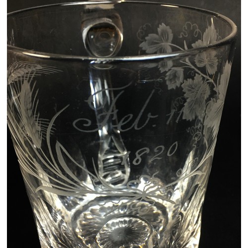 80 - Three George III and Victorian glass Christening and commemorative tankards, each with acid etched i... 