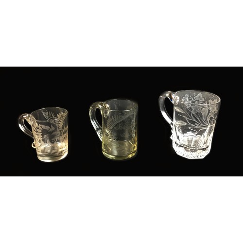 80 - Three George III and Victorian glass Christening and commemorative tankards, each with acid etched i... 