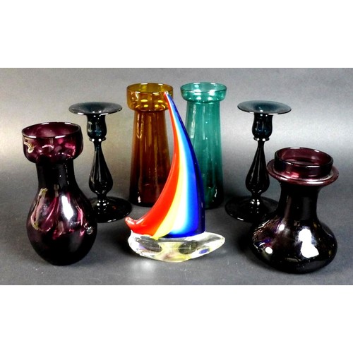 81 - A group of seven 19th century and later colourful glass wares, comprising four 19th century bulb vas... 