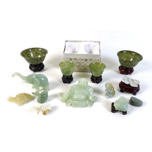 5 - A collection of modern jade and hardstone ornaments, including two pairs of cups, and various carved... 