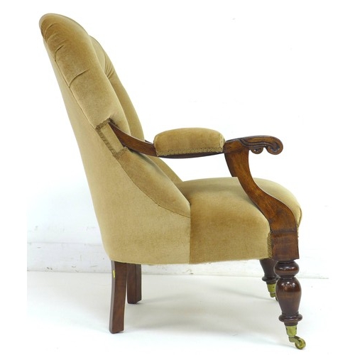 297 - A Victorian spoon back armchair, buttoned pale pink velvet upholstery, scroll arm with padded rest, ... 