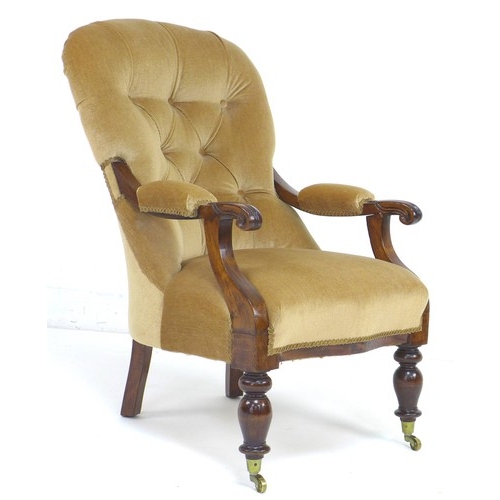 297 - A Victorian spoon back armchair, buttoned pale pink velvet upholstery, scroll arm with padded rest, ... 