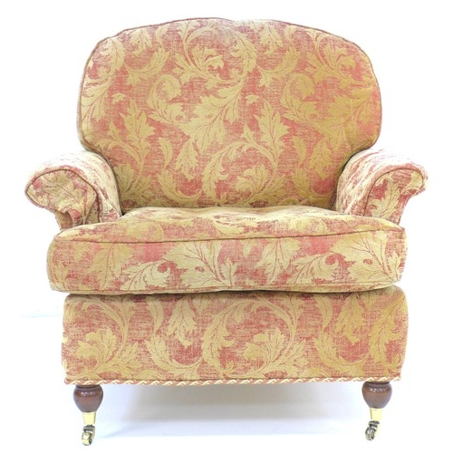 291 - A modern three piece suite, red and gold foliate upholstery, comprising a three / four seater sofa, ... 